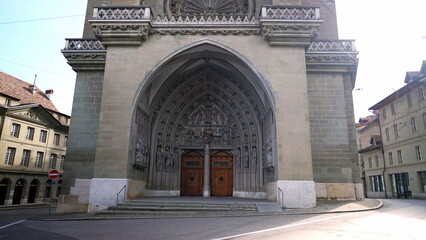 Fototapeta premium Fribourg, Switzerland Circa March 2022 - Exterior of Saint Nicolas Cathedral Fribourg