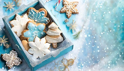 Glazed gingerbread in a decorative box. Christmas blue background with space for text - obrazy, fototapety, plakaty