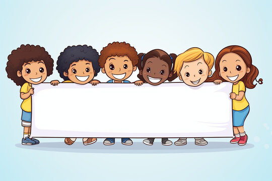 A group of children in a kindergarten stands against a background of a blank white banner. Vector style illustration.