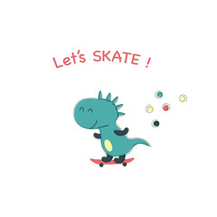 Dino skate card in abstract style. Dino and skateboard continuous one line art.	