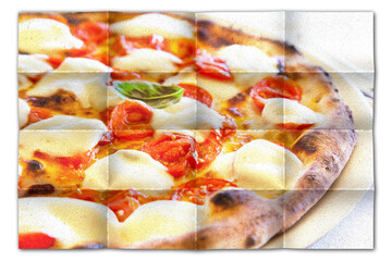 Creative picture of Pizza Margherita with Mozzarella cheese, basil and tomatoes.