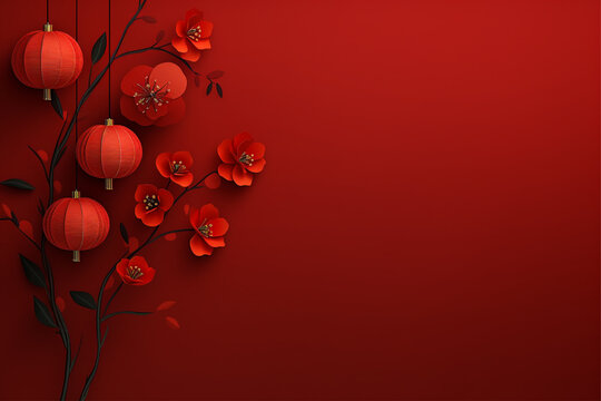 chinese new year background with red lantern with flowers and red flowers