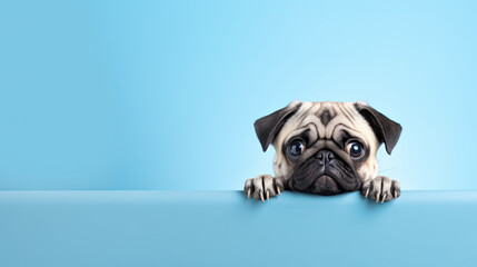 pug dog peeking around a corner, blue background, place for a text 