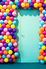 Door room with colorful balloons - concept of celebration, party, happy birthday.