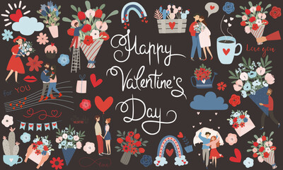 Banner for Valentine's Day. Cute illustrations. Couple in love. Cute elements for holiday cards