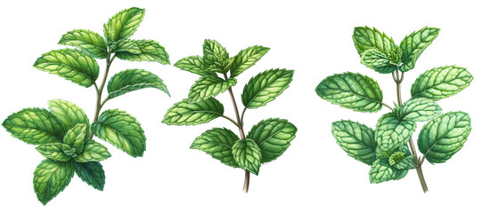 Green peppermint. Summer herb. Botanical illustration. Isolated floral element. Generative AI.