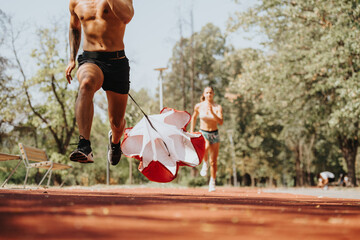 Fit athletes train in a park, sprinting with a parachute. Enjoying the natural environment,...