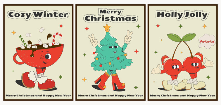 set of groovy Christmas posters with a cartoon Christmas tree, a cup of cocoa and funny cherries in Santa's hat. Vector illustration in the comic retro style of the 60s-70s.