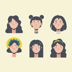 Girl's face with different emotions, hairstyles and jewelry. Cute girl in different images.