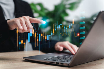 Investment graph and financial, Stock Market technology, Business growth, Businesswomen show analyzing financial growth graph stock analysis business planning and strategy and investment data