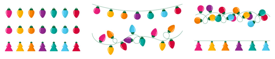 Christmas colorful garlands and light bulbs. Decorative Christmas elements. Flat light collection.  Vector stock illustration.