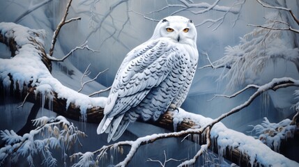 A wise-looking snowy owl perched on a snowy branch in a winter wonderland.