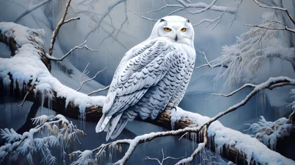 Deurstickers Sneeuwuil A wise-looking snowy owl perched on a snowy branch in a winter wonderland.