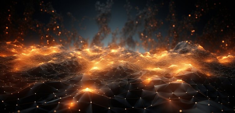 Glowy particles in an abstract environment on a wire mesh background.