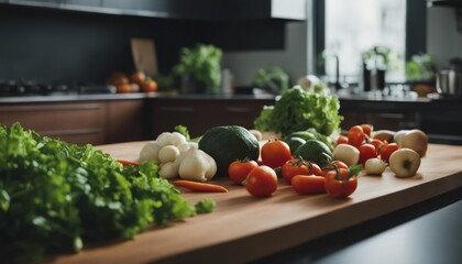Fresh vegetables on table in modern kitchen