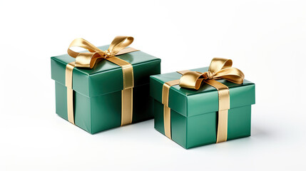 Fototapeta premium Green gifts with gold ribbon on a white background 