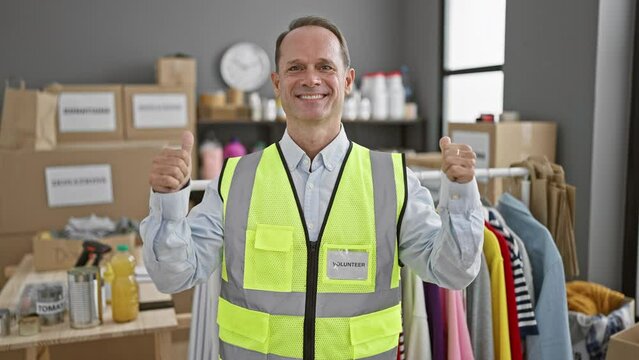 Smiling, confident middle-age man celebrates his own win as a charity volunteer at community center
