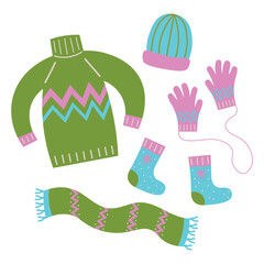 Warm accessories and clothes hand drawn flat vector illustration cartoon style. Drawing doodle with scarf, sweater, socks,cap, gloves, cozy fashion set. Icons design elements for print, card, template - obrazy, fototapety, plakaty