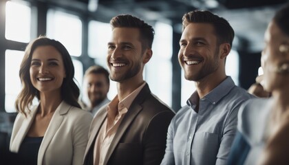 Fototapeta premium Happy business people in a digital agency in an office building with motivation, goals or mission