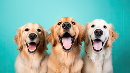 Three golden retriever on a mint pastel background, surprised animals, concept of shock, startle 