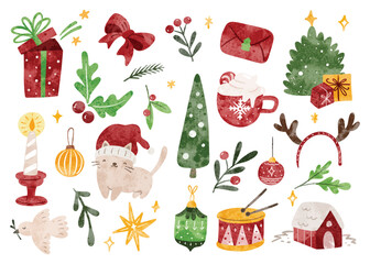 Hand Drawn Christmas Doodle, Christmas Celebration Related Object in Watercolor Style Illustration