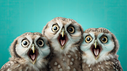 Three owls   on a mint pastel background, surprised animals, concept of shock, startle 
