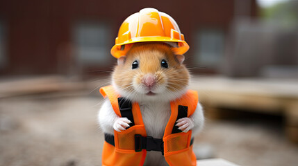 Hamster  wearing hard hat and safety vest  as a  construction worker