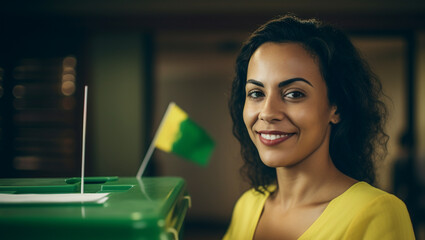 Eleitora brasileira em uma seção eleitoral votando. - obrazy, fototapety, plakaty