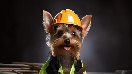 Foto op Canvas Yorkie dog wearing hard hat and safety vest  as a  construction worker © reddish
