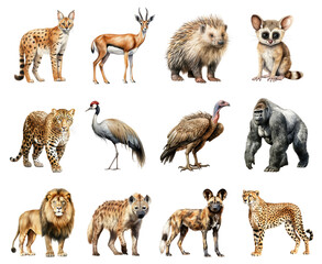 Watercolor African Animals Set. Set of African Animals Clipart. Hand Drawn African Safari Animal Illustrations.