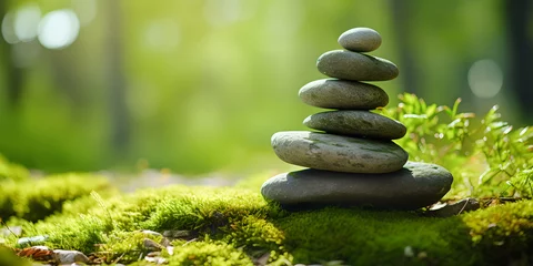 Foto auf Glas Rock balancing. Stones piled in calming balanced stacks in front of blurry green garden or forest background with copy space © Firn