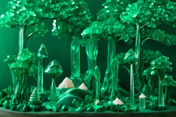 Sculpt a crystal forest scene with emerald-green trees resembling candy, adorned with crystal leaves and candy-shaped trunks.