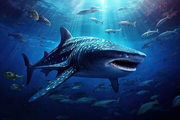 Whale shark swimming in blue ocean. Underwater world. 3d rendering, Whale shark and school of...