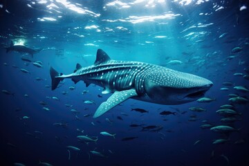 Whale shark Rhincodon typus in the ocean, Whale shark and school of sharks in a deep blue ocean, AI Generated