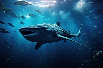 Whale shark swimming in deep blue ocean. 3D Rendering, Whale shark and school of sharks in a deep...