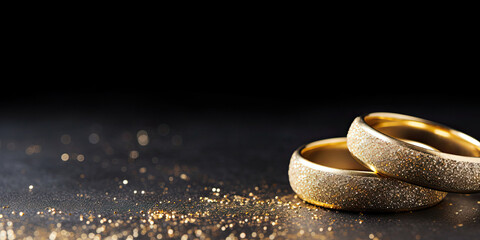 Golden wedding rings on a black  background  - obrazy, fototapety, plakaty