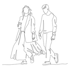 Fototapeta na wymiar Couple walking. Woman holding coffee or tea, man holding phone. Continuous line drawing. Black and white vector illustration in line art style.