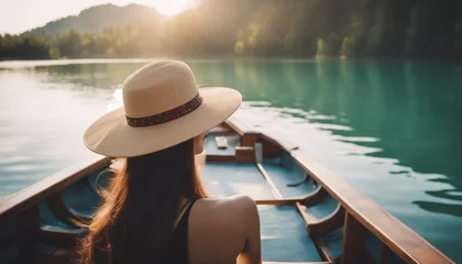 Foto op Canvas happy young woman tourist in asian hat on the boat at lake © Adi