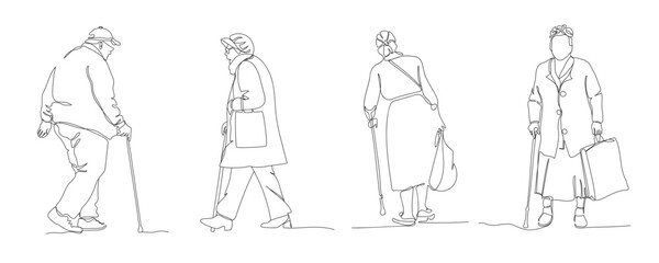Senior people walking with canes. 4 people set. Black single line drawing isolated on white background. Vector illustration in line art style.