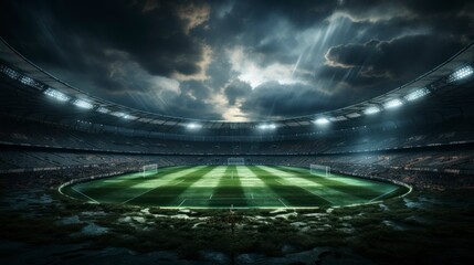 Soccer stadium with green grass and night sky, illumination lights