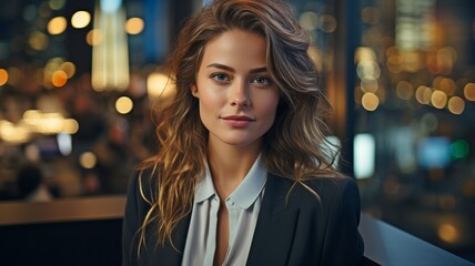 Fototapeta premium This is a late-night close-up of a white businesswoman posing next to a window in a large city office with skyscrapers. CEO grinning while addressing the camera .