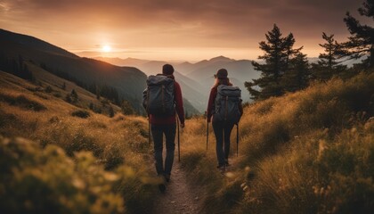 Hikers with backpacks walks in mountains at sunset