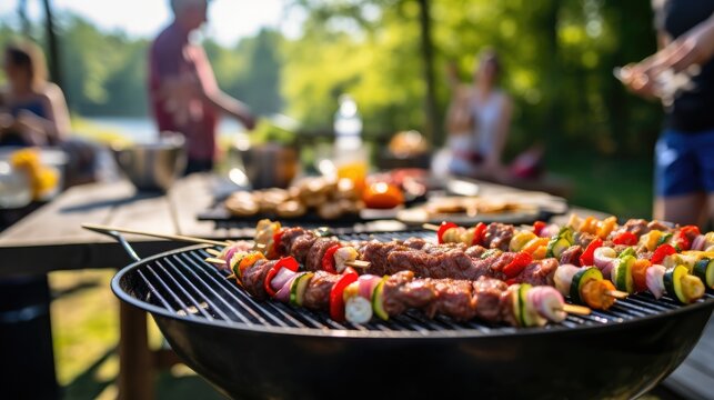 Delicious skewers and burgers cooking on an outdoor grill with a family sitting at a picnic table in the background, enjoying a summer barbecue. Ai generated