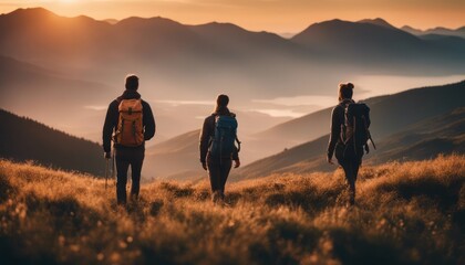 Hikers with backpacks walks in mountains at sunset - obrazy, fototapety, plakaty