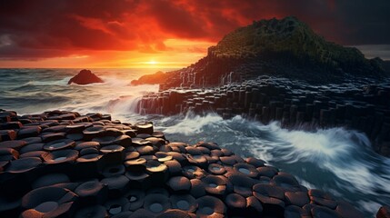 Dramatic sunset at the Giant's Causeway in Northern Ireland, UK.