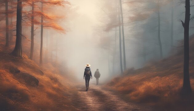 Hiking in fog at autumn forest. Woman tourist with cowboy hat and backpack walking at footpath