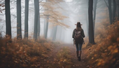 Hiking in fog at autumn forest. Woman tourist with cowboy hat and backpack walking at footpath