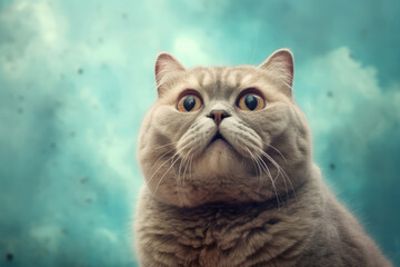 A portrait of a funny grey cat looking upward. Blue background sky with clouds. Copy space.