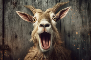Portrait of Surprised Goat. Head of funny silly looking pet on wooden background - obrazy, fototapety, plakaty