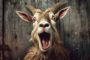 Fotobehang Portrait of Surprised Goat. Head of funny silly looking pet on wooden background © Tetiana